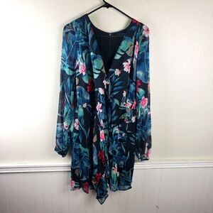 Women's Guess Tropical Floral Chiffon V-Neck Knee Length Zip Up Dress Size XL